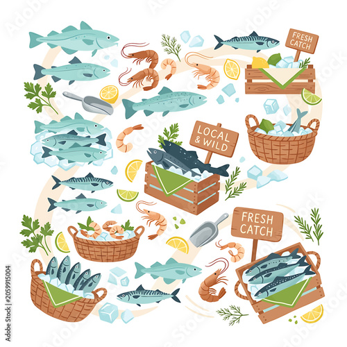 Εκτύπωση καμβά Fresh catch seafood fish market illustration.