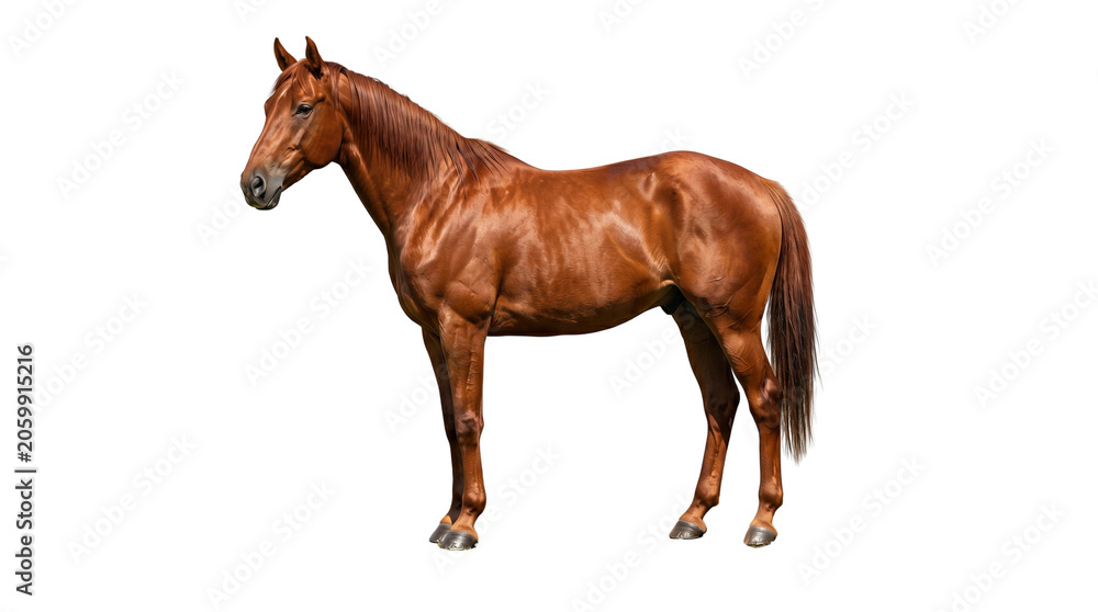 Fototapeta premium Chestnut brown horse standing in profile, majestic thoroughbred stallion with shiny coat, muscular equestrian animal for ranch and farm concepts isolated on White Background