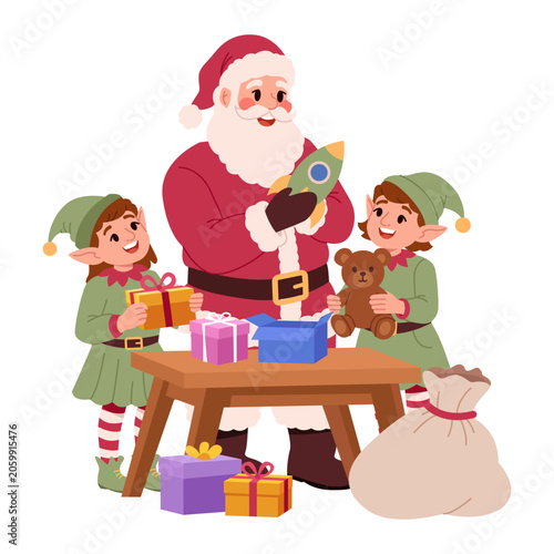 Santa Claus and Elves Preparing Christmas Toys and Presents in Workshop Isolated on White. Flat Vector Illustration.