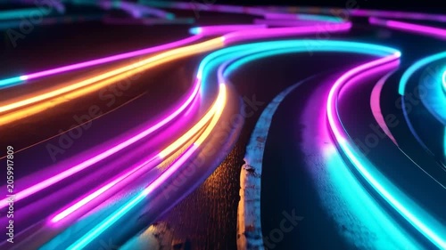 City streets filled with neon lights at night show vibrant patterns and colors along the wet pavement in an urban setting