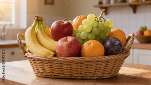 Basket full of ripe seasonal fruits, natural sunlight, healthy eating concept