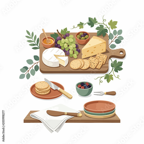 Schilderij op canvas Delicious cheese board with crackers and grapes.