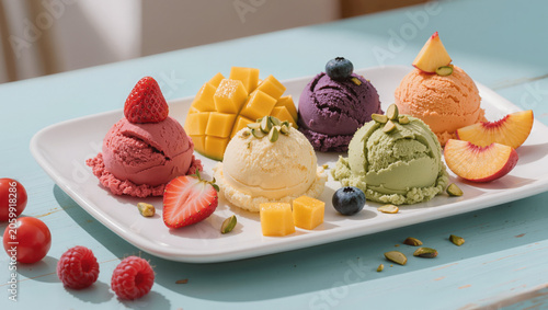 Colorful ice cream scoops with fresh fruit toppings, bright summer atmosphere