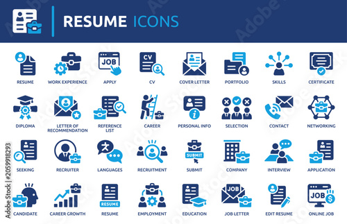 Resume Icon Set, Containing Job Application, CV, Career, Recruitment and Employment Vector Collection