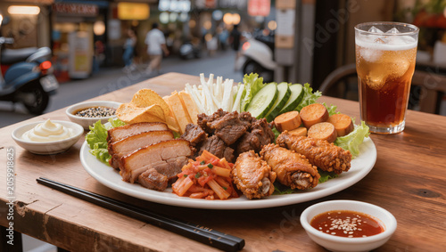 Viral Korean street food platter, vibrant colors, authentic presentation, realistic food photography, social media aesthetic, highly detailed