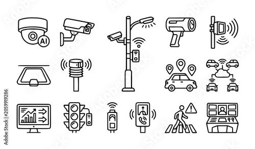 Monochrome smart traffic monitoring and surveillance icon collection editable vector illustration