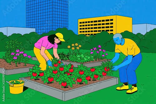 Flat Vector Illustration Two People Harvesting Tomatoes Urban Community Garden Raised Beds City Skyline