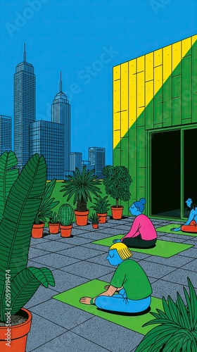Flat Vector Illustration People Yoga Rooftop Terrace City Skyline Potted Tropical Plants Modern Building Vertical