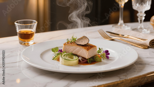 Elegant gourmet dish served in luxury restaurant, artistic food plating, Michelin star presentation, soft lighting, premium food photography