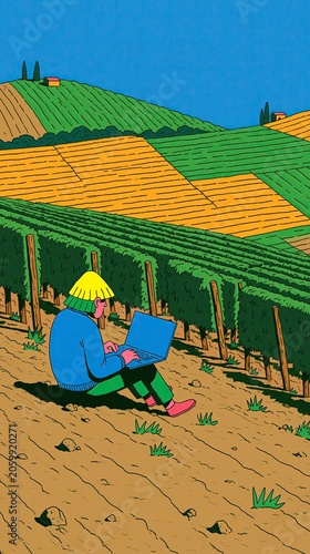 Flat Vector Illustration Young Remote Worker Vineyard Row Tuscan Style Rolling Fields Farmhouses Vertical