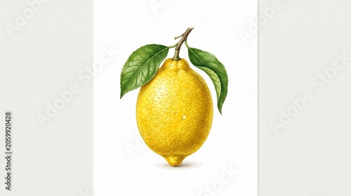 Lemon with leaves on branch in bright natural lighting on white background for food and beverage.
