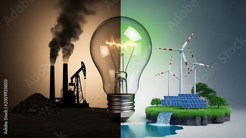 Clean energy concept showing renewable power replacing industrial pollution