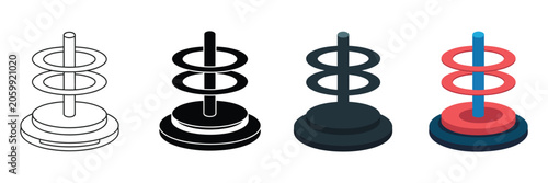Foto Ring toss game icon set with outline, silhouette, flat, and colored isometric variations, ideal for fairground attractions, party games, and recreational design concepts
