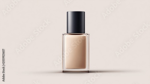 Elegant glass bottle of liquid foundation with a black cap on a neutral background