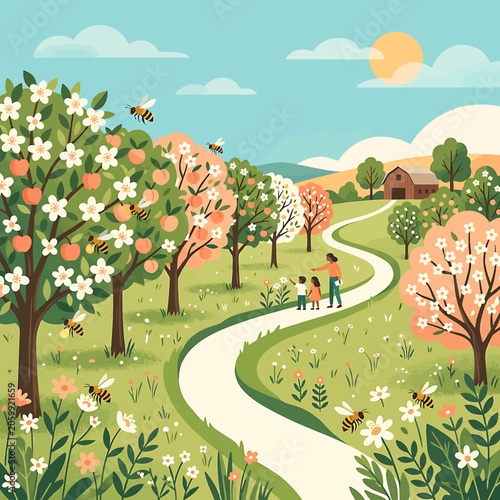 Family walking on a winding road.