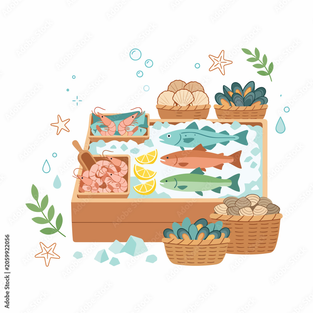 Ταπετσαρία Fresh seafood on wooden market display.