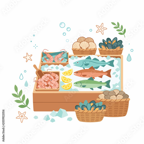 Φωτογραφία Fresh seafood on wooden market display.
