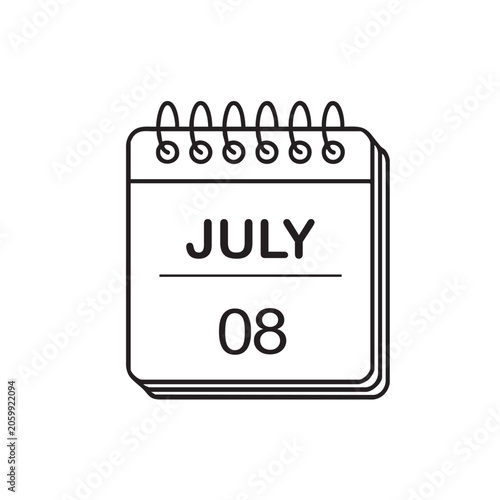08 JULY Black and silhouette Calendar Icon Vector Illustration for Business Sale and Web Design