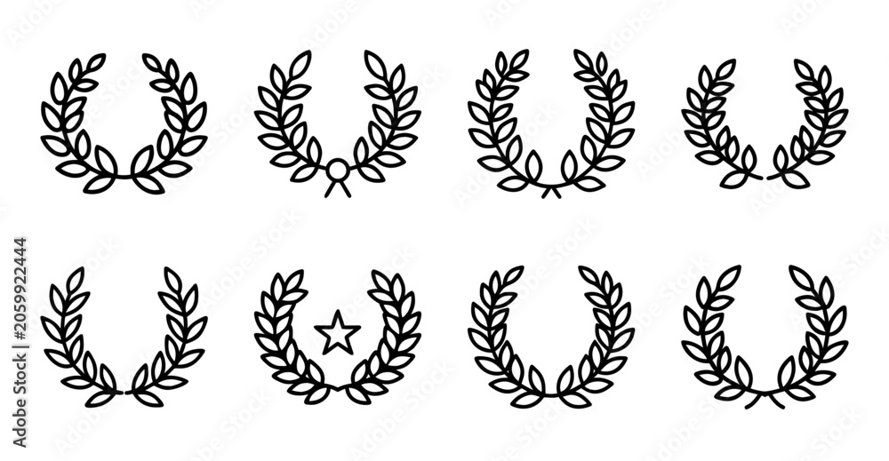 Obraz premium Set of black and white laurel wreath icons - Minimalist collection of laurel wreaths in black and white, perfect for awards, achievements, or decorative designs.