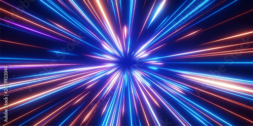 Tableau sur toile Abstract blue and orange light trails radiating from a central point, creating a sense of speed and energy in a digital space