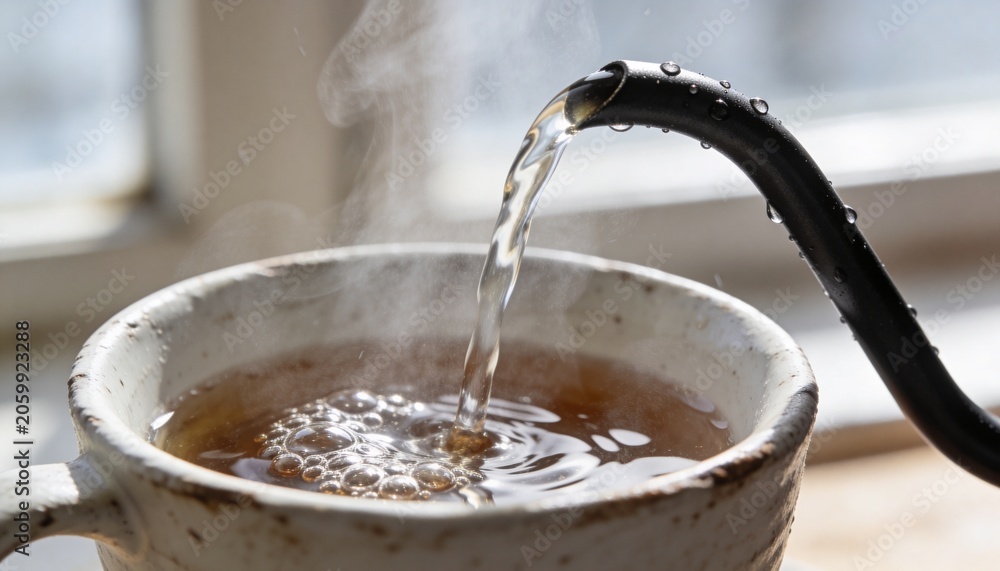 Fototapeta premium Pouring speckled mug filling from gooseneck spout with amber liquid on kitchen sill, steam rising