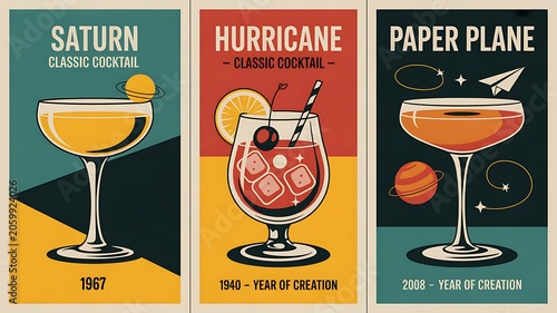 Retro cocktail posters featuring classic mixed drinks in vintage bar advertisement style
