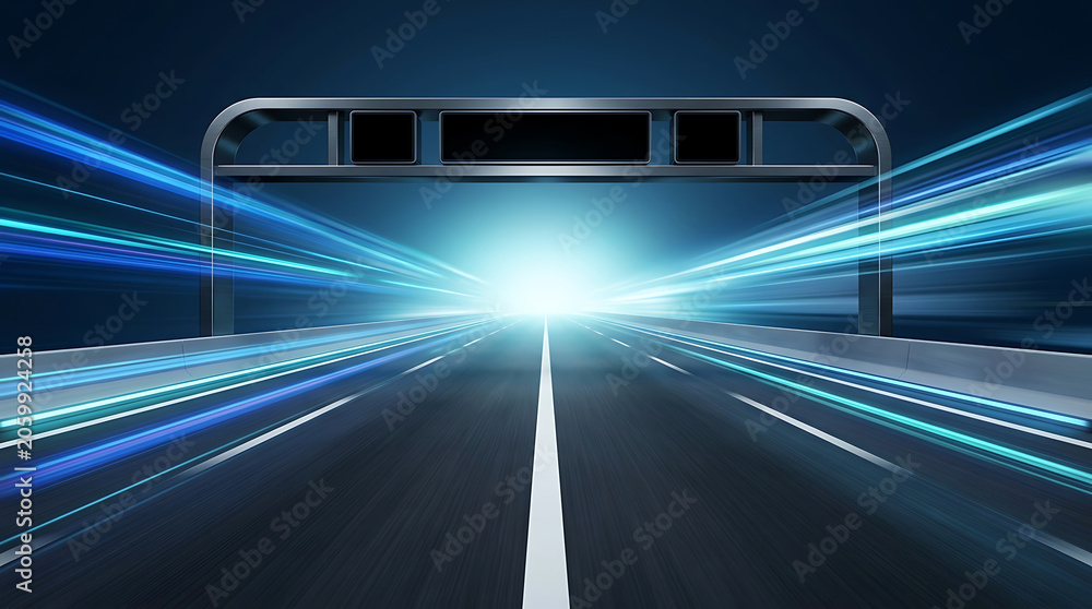 Fototapeta premium Abstract futuristic highway stretching into a bright light tunnel, symbolizing speed and progress