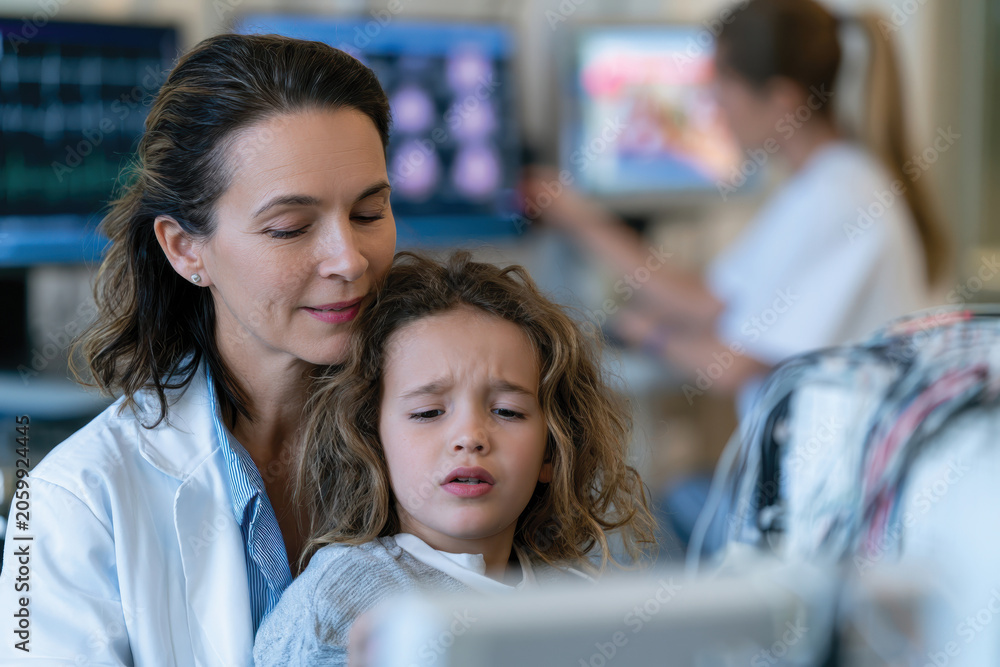Obraz premium A caring female doctor holds a distressed child in an examination room, emphasizing the importance of compassion and reassurance in pediatric healthcare settings for better patient experiences.