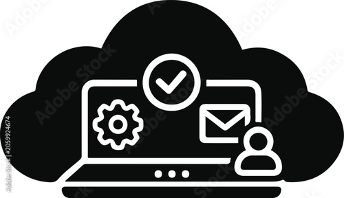 Black cloud icon with laptop and check mark Vector, illustration