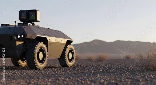 Autonomous military unmanned ground vehicle patrolling a rugged desert landscape at sunset.