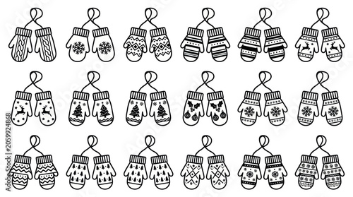 Schilderij op canvas Christmas mittens with decorative patterns line art set.