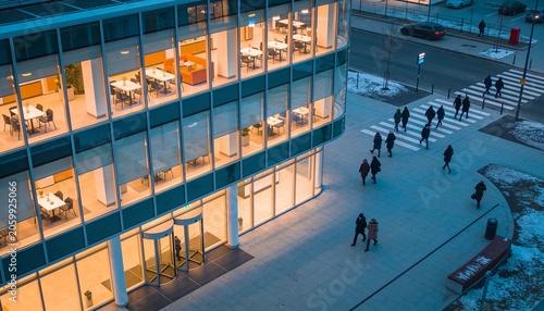 Dominating glass office building featuring revolving door at plaza, people in winter coats crossing