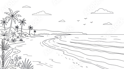 Konstfotografi Coastal shore line art coloring book page design.
