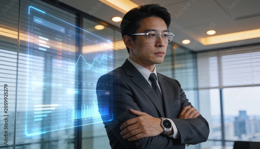 Obraz premium Viewing suited Asian man with clear glasses checking watch by glass wall at office, hologram charts