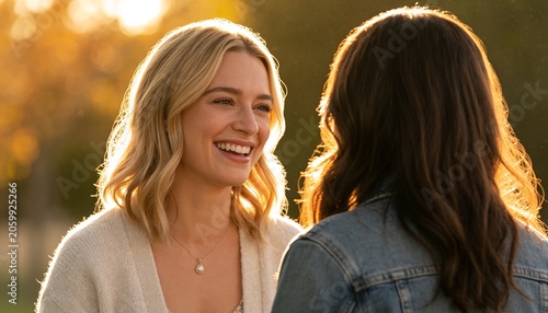 Smiling blonde talking to dark-haired friend in denim jacket in park, wearing cardigan and pendant
