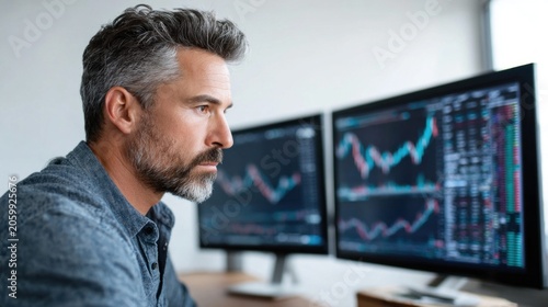 Focused man with beard analyzing stock market charts on multiple computer screens