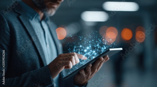 Businessman using a tablet with glowing digital network connections emerging from the screen