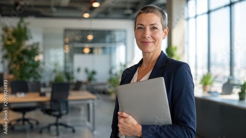 Confident professional woman standing in a modern office holding a silver laptop, smiling