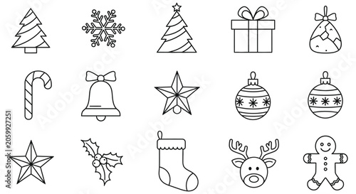 Christmas themed Line Icons Set On White Background