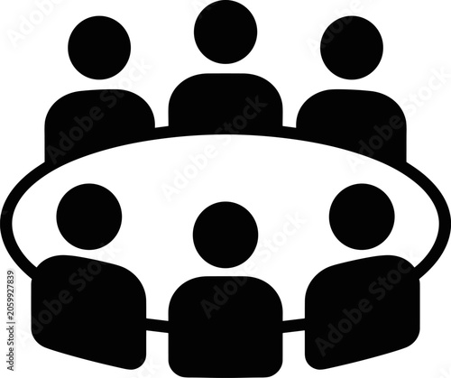 Team meeting icon silhouette of group collaboration around a table black and white vector