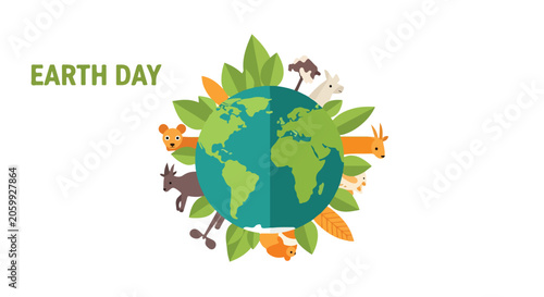 Earth Day illustration with animals and leaves around the globe