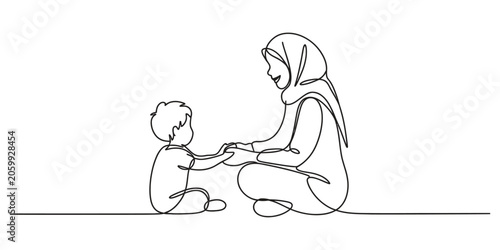 Continuous line drawing of a muslim mother playing with her little baby boy