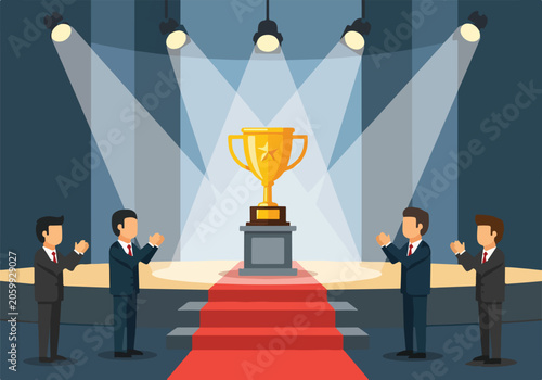 Four suited men applaud a golden trophy on a red carpet