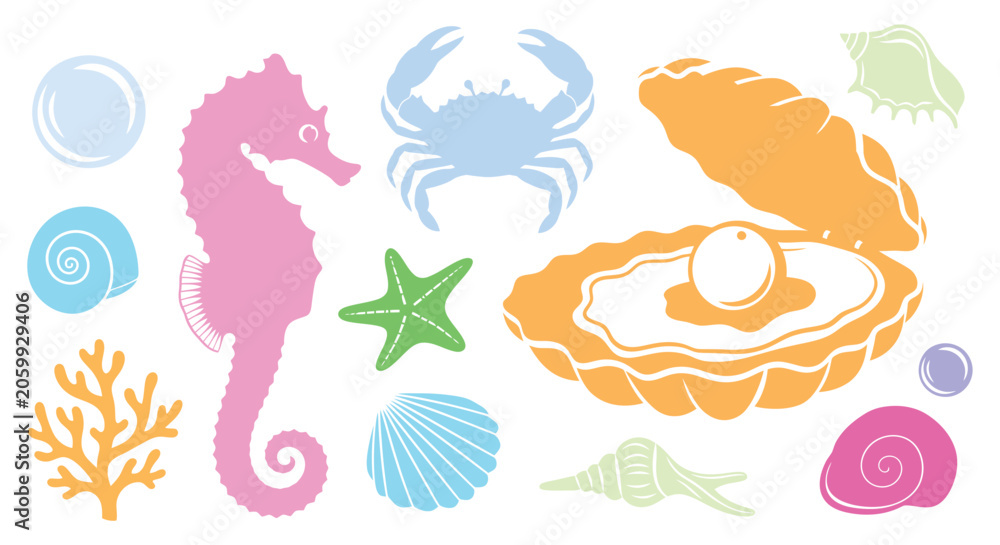 Obraz premium Colorful Marine Life Illustration Featuring Seahorse and Shells.