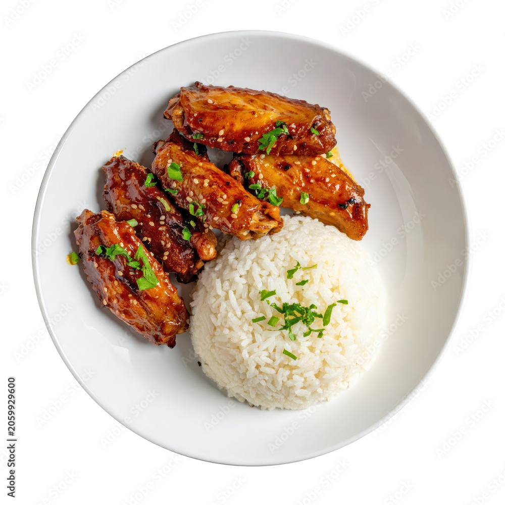 Fototapeta premium Glazed chicken wings with rice serving on plate