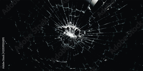 Tableau sur toile Broken glass texture with cracks and shattered pieces on a dark black background