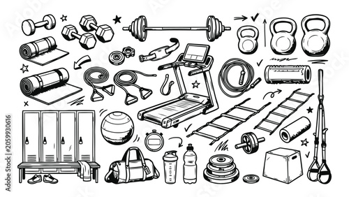 Bild auf Leinwand A collection of hand-drawn illustrations featuring various fitness equipment and