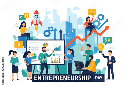 Entrepreneurship day illustration with people and graphs