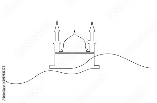 Simple line sketch shows a mosque with twin minarets. Wavy lines suggest flowing water or gentle hills. Minimalist design highlights spiritual architecture. Ideal for cultural, travel