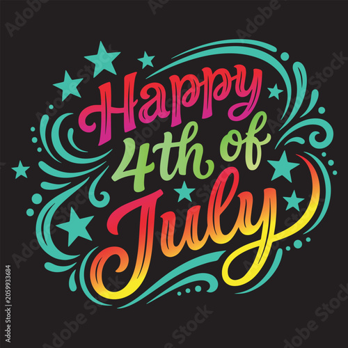 Happy 4th of july typography with swirls and stars fourth of july united states patriotic design american holiday